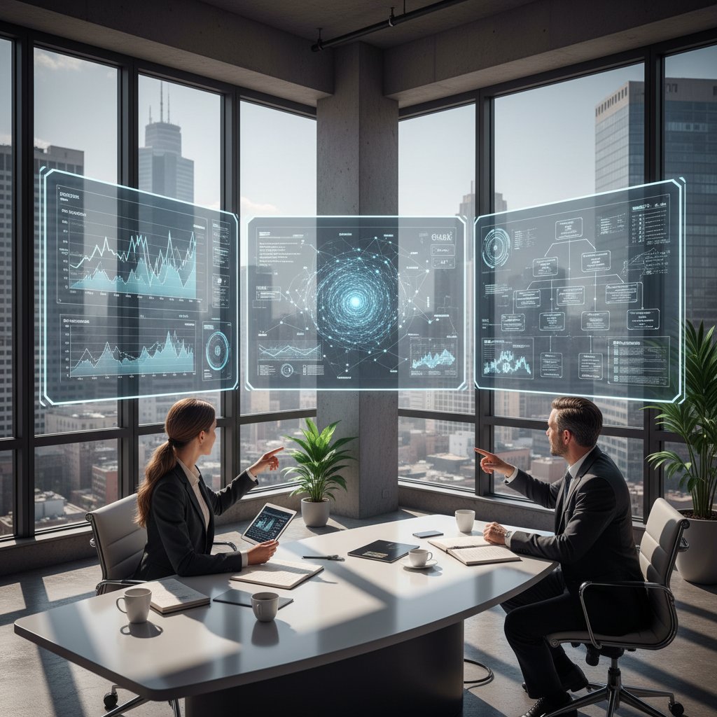 Algorytmy AI analizujące portfel inwestycyjny na ekranie komputera w biurze inwestora