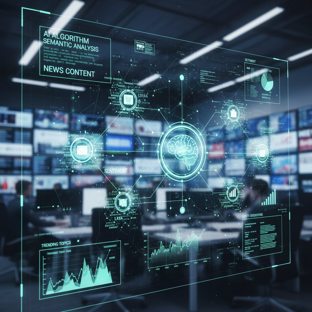 Stylized code and neural networks overlaying a news article, representing AI analysis