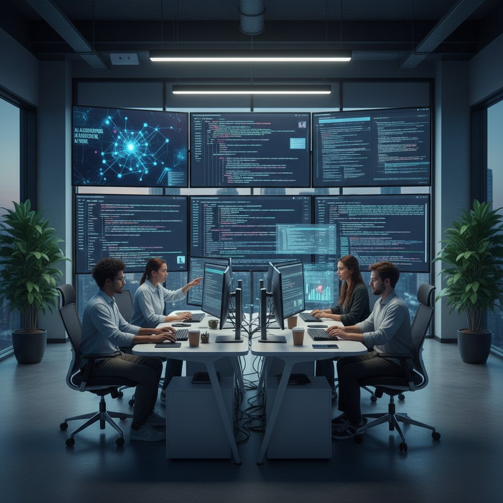 Zespół programistów analizuje kod algorytmów AI w nowoczesnym biurze