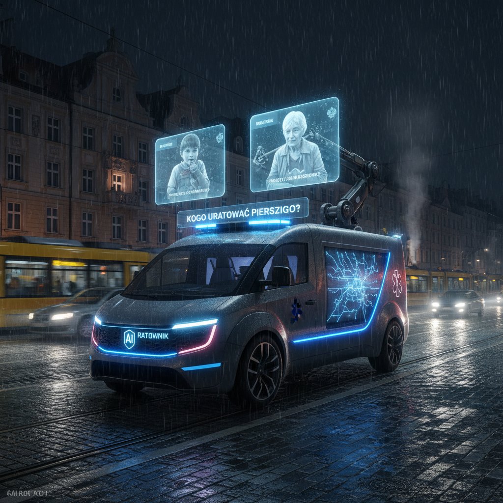 Ambulans AI podejmujący decyzje moralne w nocy, deszczowa ulica, polskie miasto