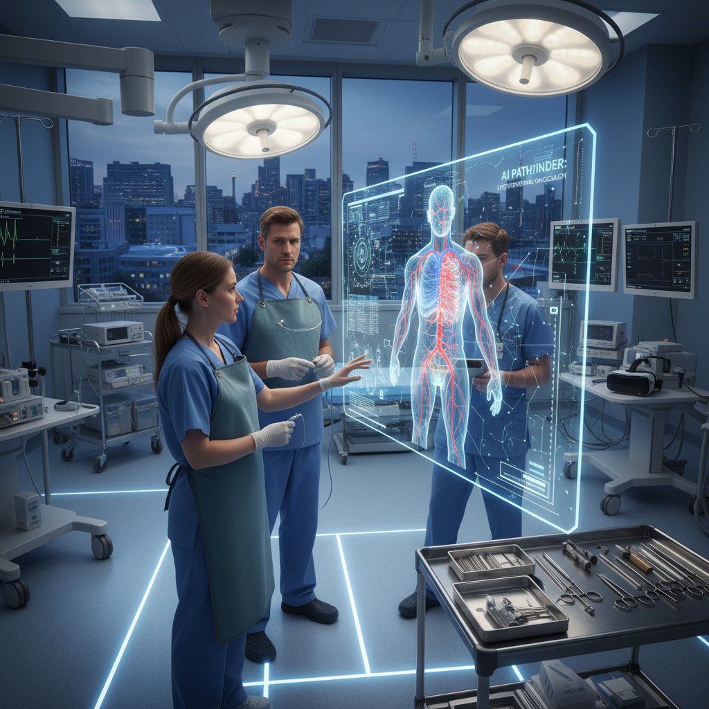 Zespół lekarzy korzystający z AI podczas zabiegu radiologii interwencyjnej – ekran z analizą komputerową