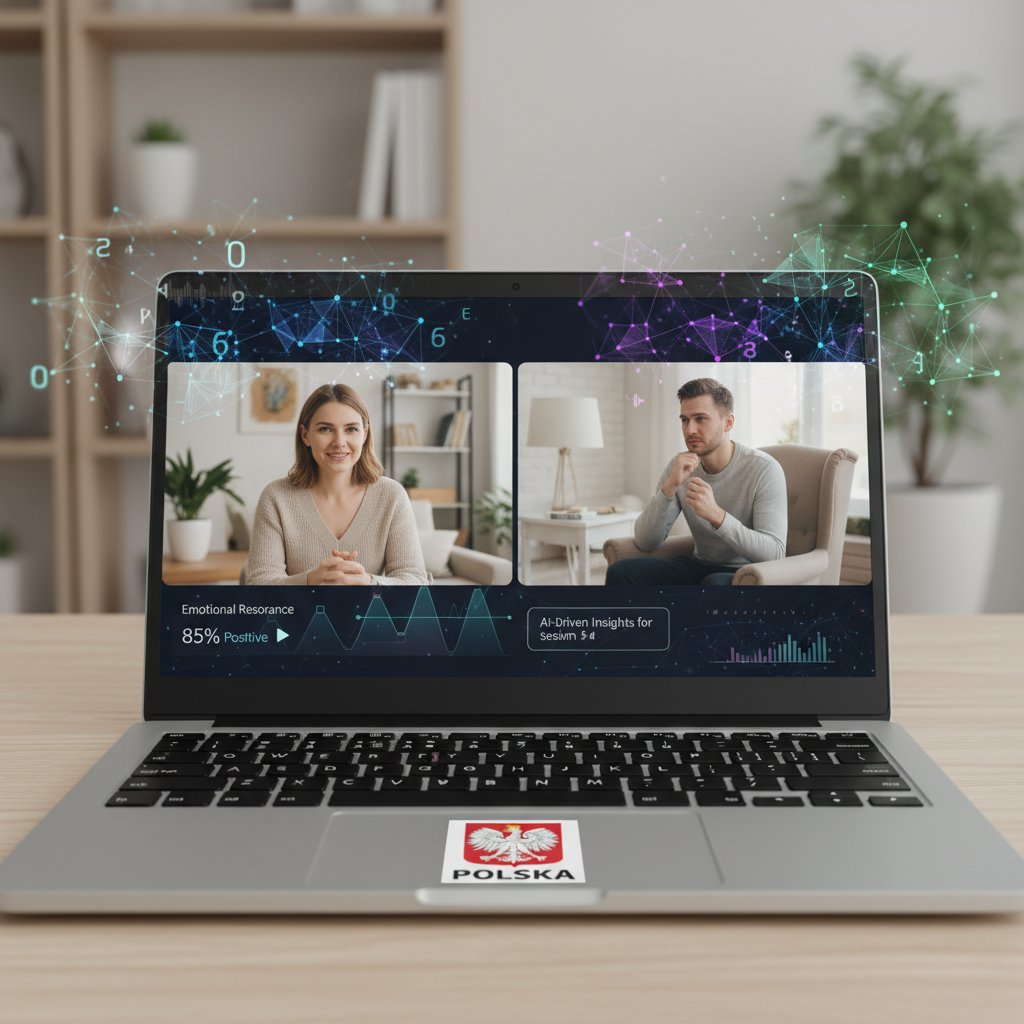 Analiza AI w psychoterapii online, ekran laptopa z wykresem, polskie napisy