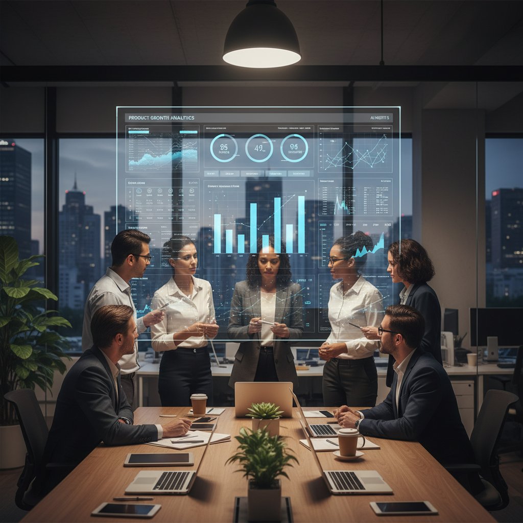 Analiza danych produktowych przez AI, zespół obserwuje ekran z wykresami