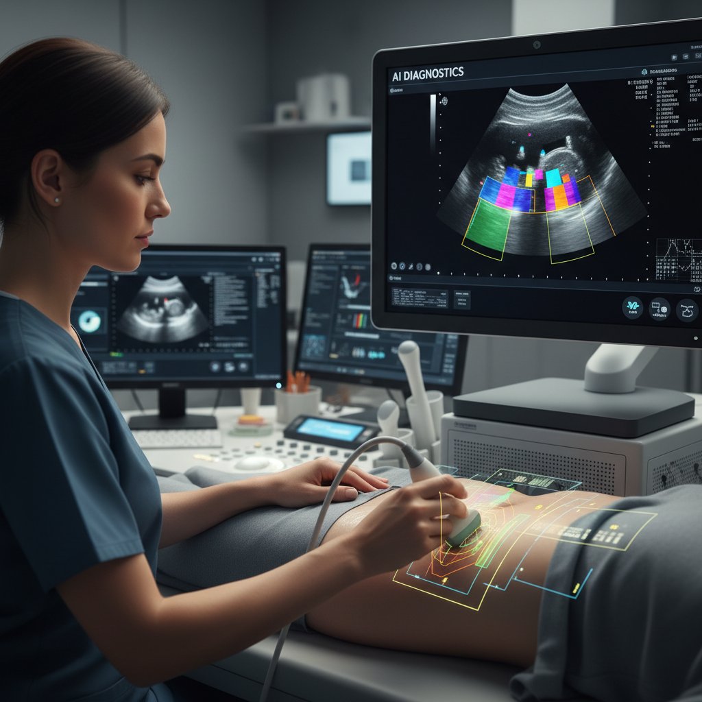 Sztuczna inteligencja analizująca obraz USG na ekranie; overlay komputerowy, radiolog nadzoruje badanie