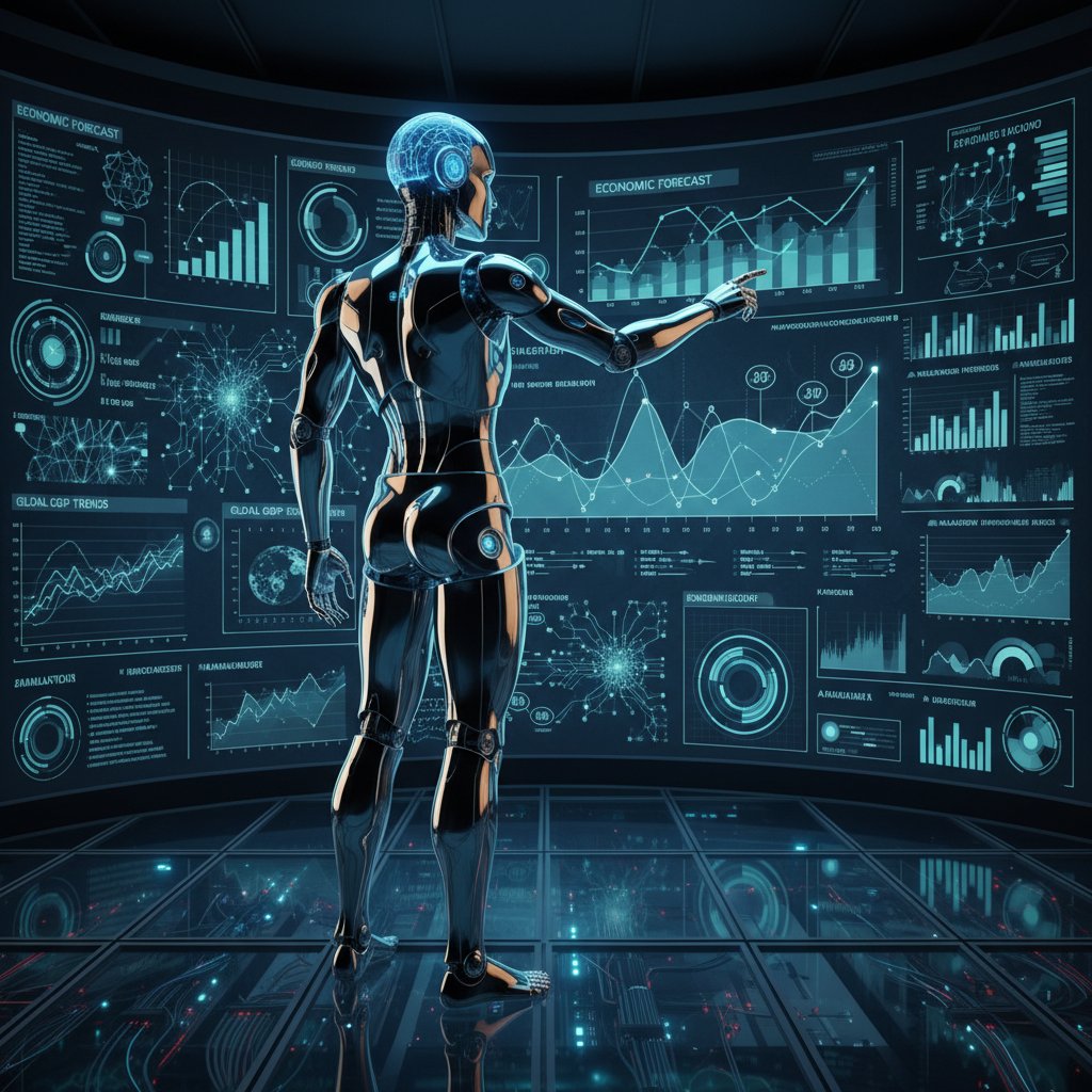 Analityk pracujący z AI nad symulacją gospodarczą, ekran z wykresami i algorytmami