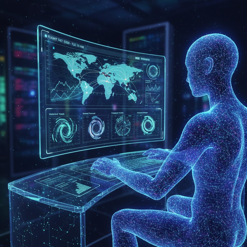 Młody analityk AI analizuje trendy cen lotów na ekranie komputera, cyfrowe algorytmy w tle