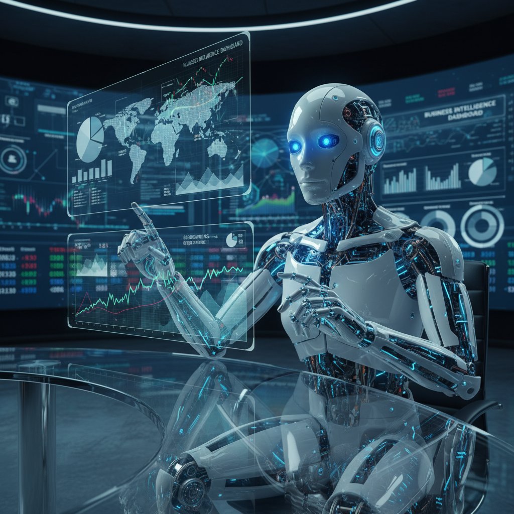 Nowoczesny analityk AI przy komputerze otoczony wykresami i danymi rynkowymi, analiza rynku 2025