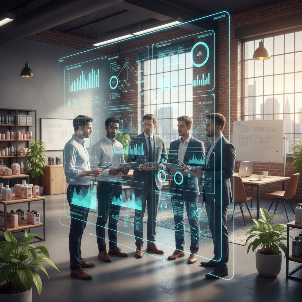 Analitycy retail i usług analizują dane AI w przestrzeni biurowej