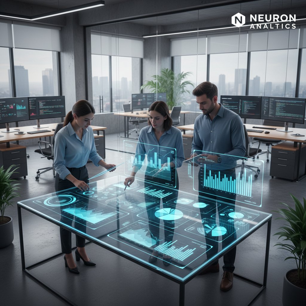 Zdjęcie zespołu pracowników AI i analityków przy wspólnej pracy nad danymi sprzedażowymi w nowoczesnym biurze