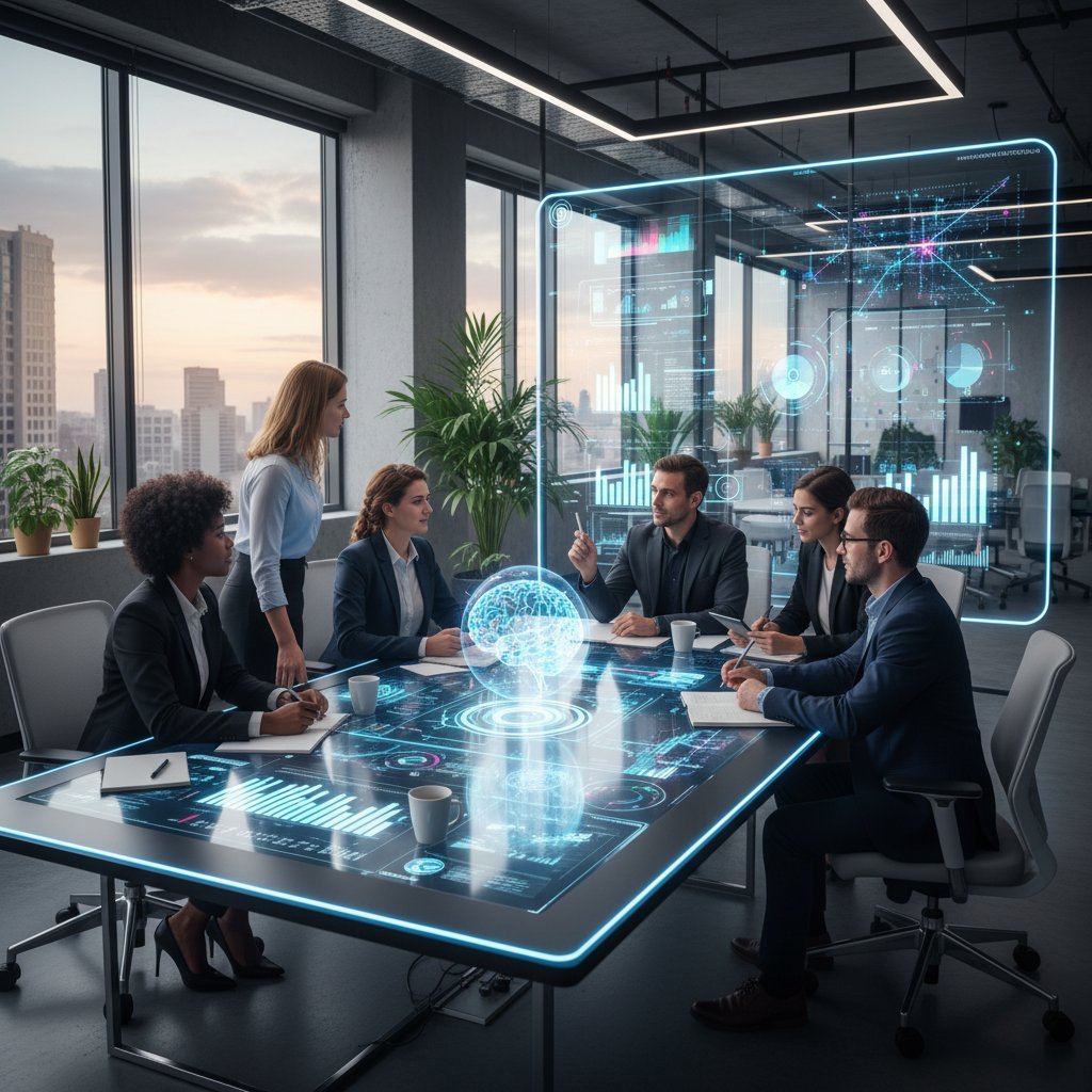 Nowoczesne biuro z zespołem korzystającym z AI do analizy efektywności spotkań