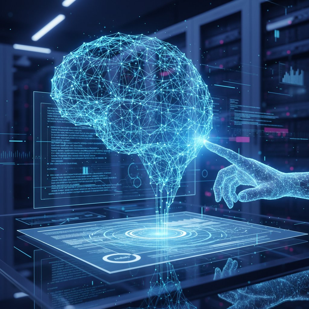 AI analyzing and categorizing digital documents, modern neural network, vibrant, symbolic