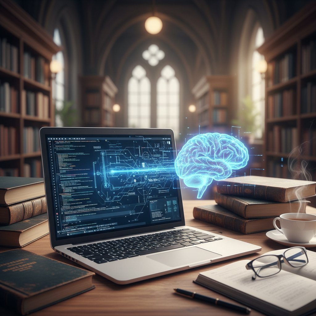 AI analizująca teksty filozoficzne na laptopie w akademickim otoczeniu