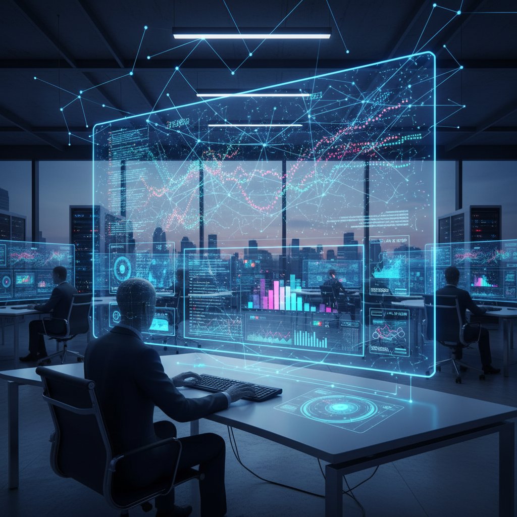 Nowoczesny wirtualny ankieter analizujący dane na ekranie komputera w biurze