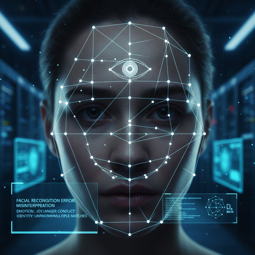 Sztuczna inteligencja analizująca ludzką twarz, z zaznaczonymi punktami mimiki, błędna interpretacja