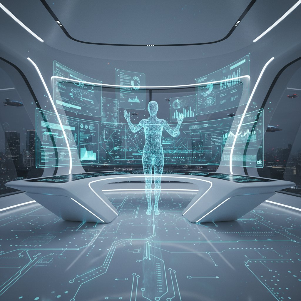 Futuristic photo of an AI analyzing a holographic wall of documents in a sleek digital workspace, symbolizing next-gen document intelligence