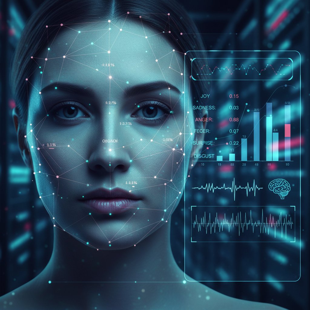 Sztuczna inteligencja analizująca emocje człowieka – zbliżenie na twarz i cyfrową analizę