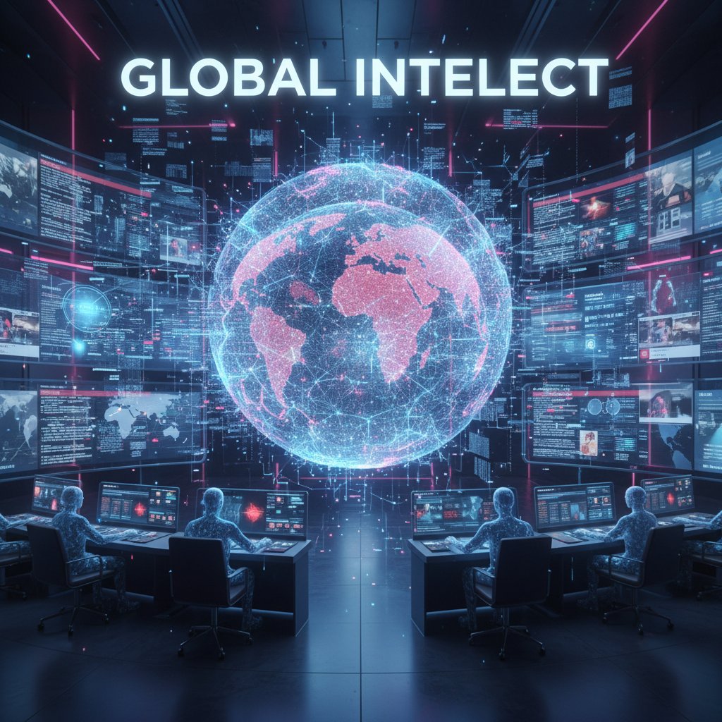 Futurystyczna wizja AI analizującej informacje w internecie