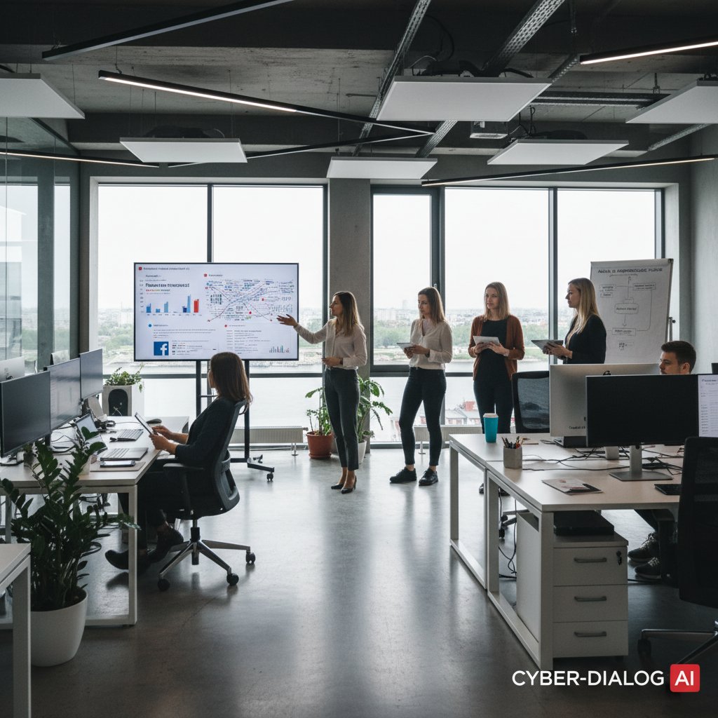 Sztuczna inteligencja analizująca rozmowy online, nowoczesne biuro, polski kontekst