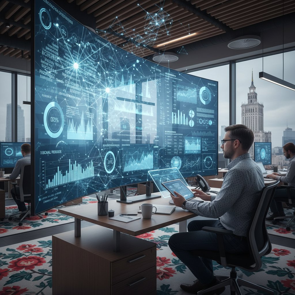Analiza danych social media przez AI, ekran z wykresami, skupiony analityk w polskim biurze