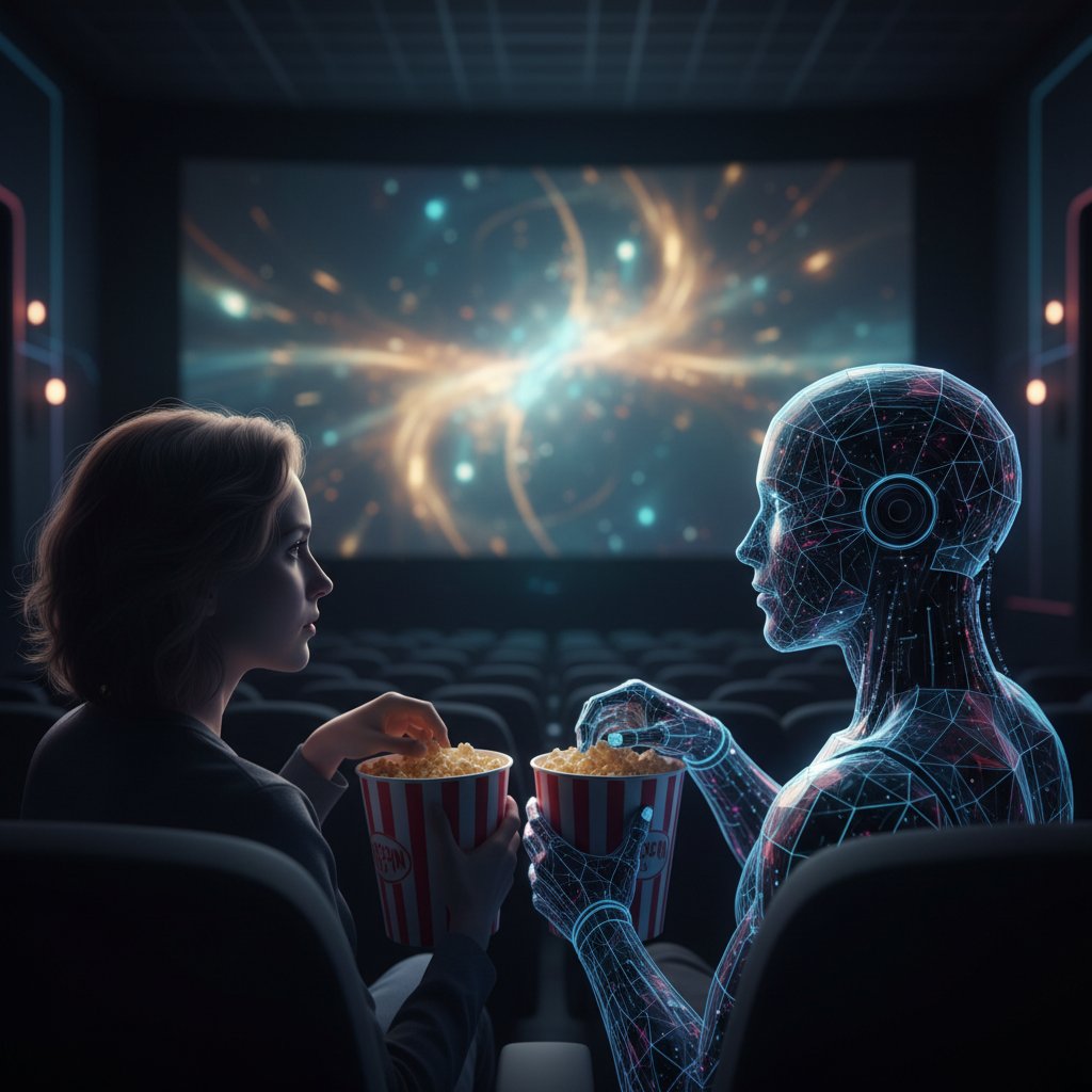Futuristic conceptual image: AI and human silhouettes sharing popcorn, glowing movie screens, romantic date