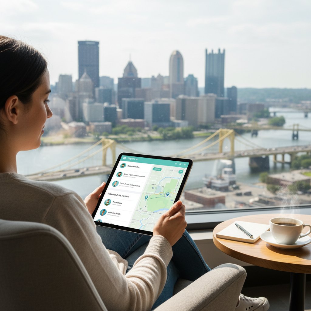 Traveler relaxing with a smartphone and AI app, planning a flight to Pittsburgh with personalized recommendations