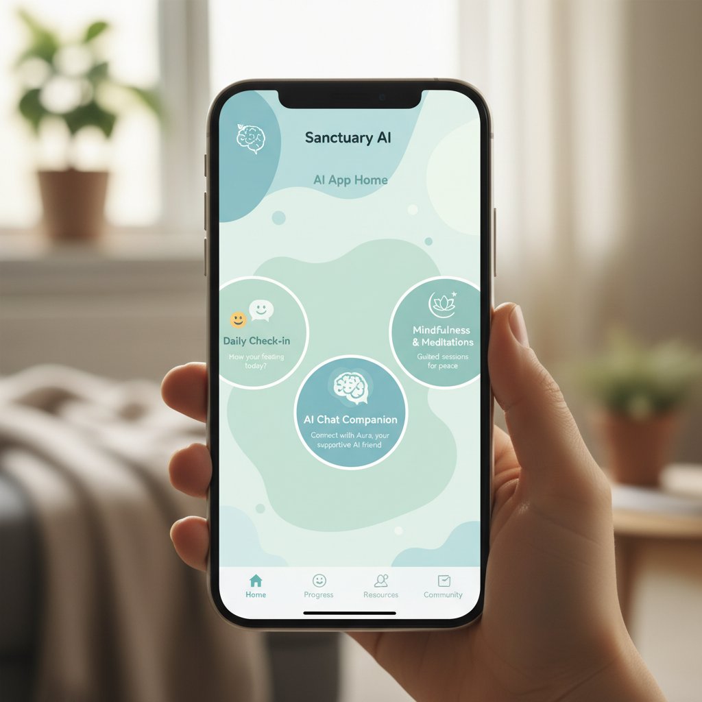 Osoba korzystająca z aplikacji AI w domu, spokojna atmosfera – technologia i wsparcie psychologiczne