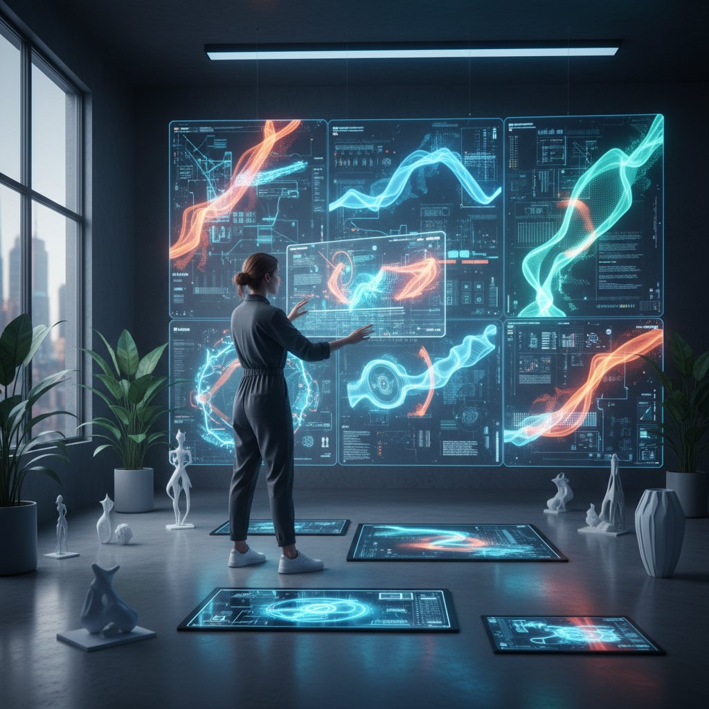 Artysta programujący AI w nowoczesnym studiu, wokół ekrany z generatywną sztuką cyfrową