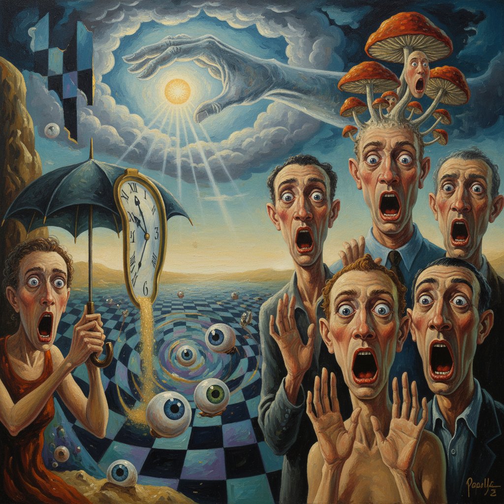 Artysta AI maluje obraz w stylu surrealistycznym, ludzie zaskoczeni