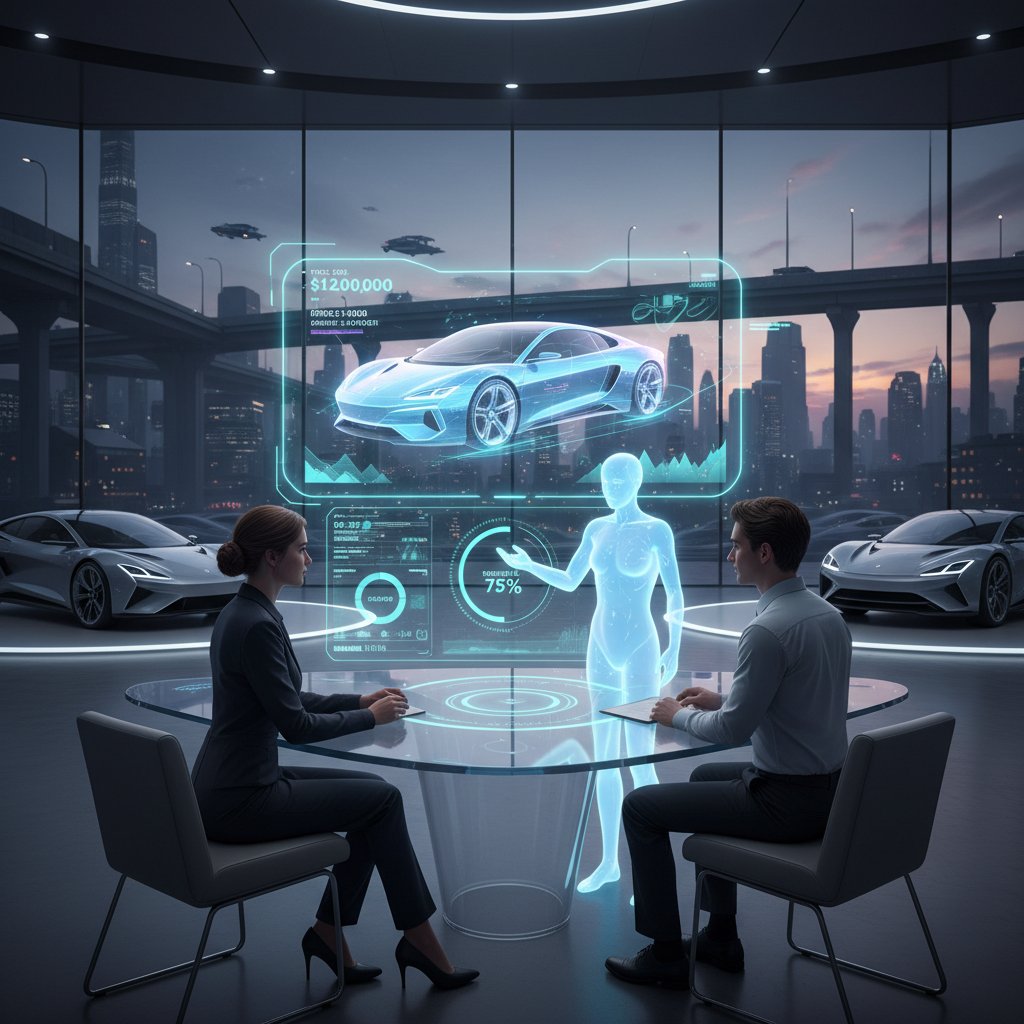 AI assistant negotiating car purchase with virtual salesperson, futuristic interface