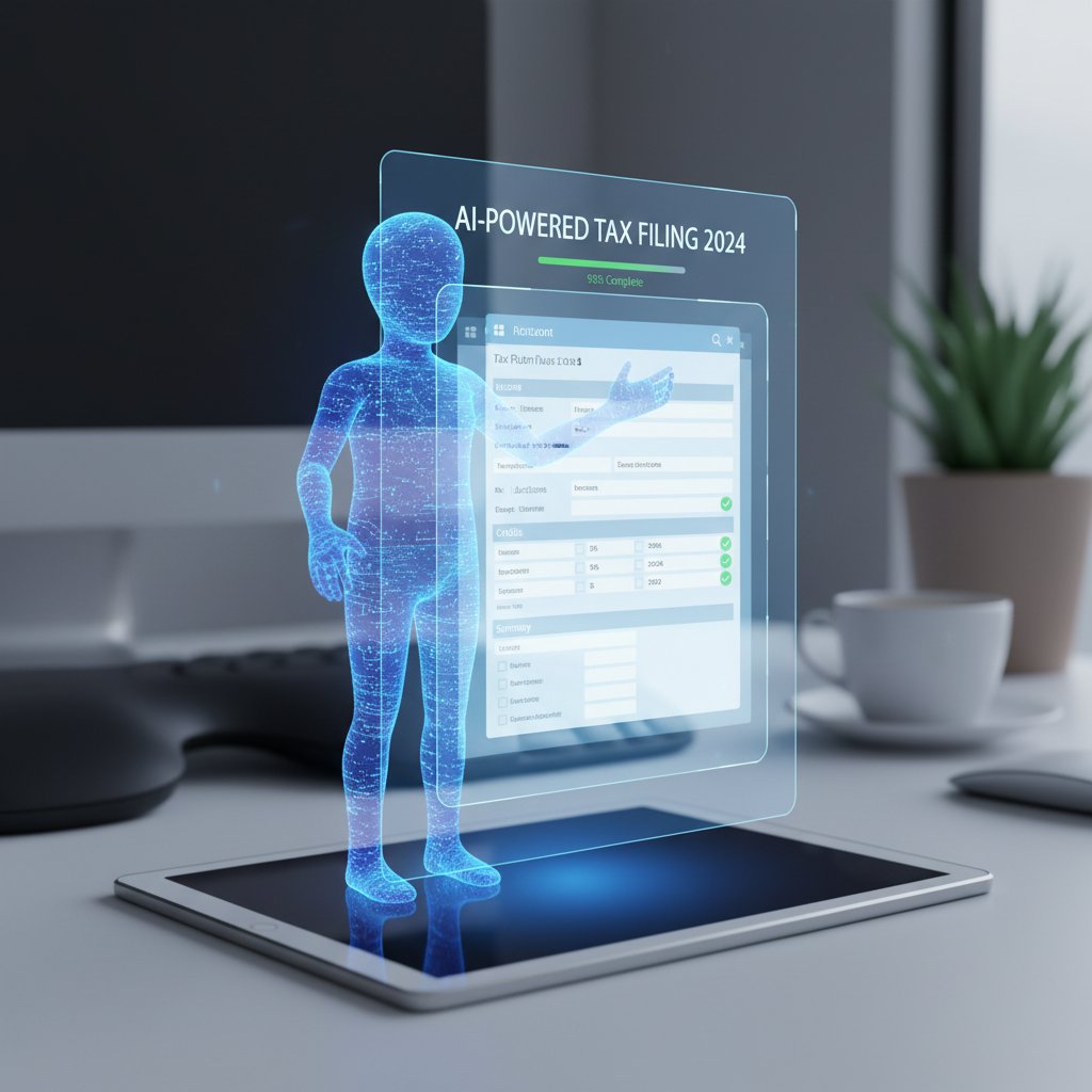 Futuristic AI avatar assisting a user with digital tax forms