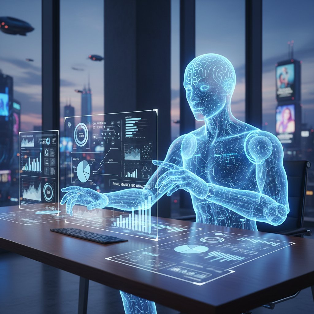 Wirtualny pracownik AI analizujący dane email marketingowe przy biurku