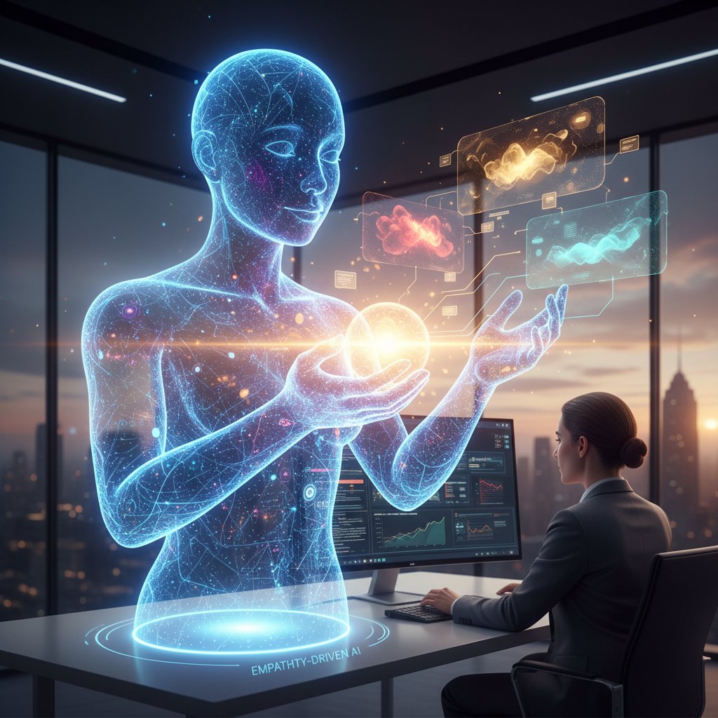 Sympatyczny wirtualny asystent AI z ludzką mimiką, symbolizujący empatyczną komunikację