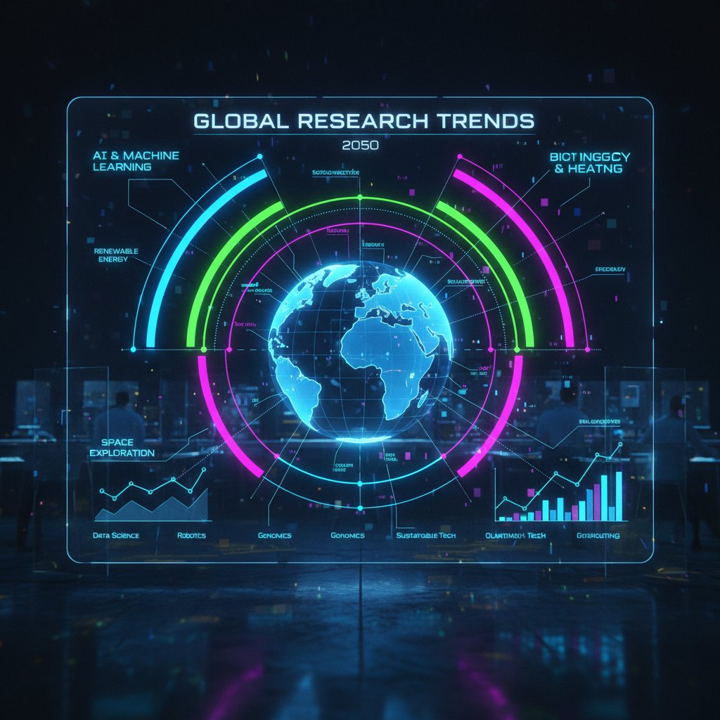 Futuristic illustration of AI assistant analyzing global research trends, with digital data overlays and neon accents, symbolizing the future of virtual assistant for academic grant applications