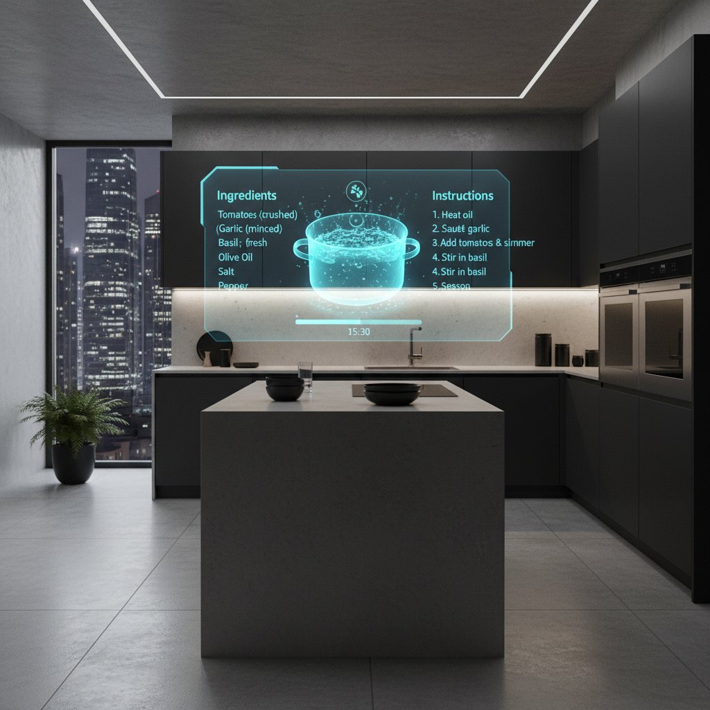Asystent AI prezentujący przepis w nowoczesnej kuchni, holograficzna projekcja, minimalistyczny design