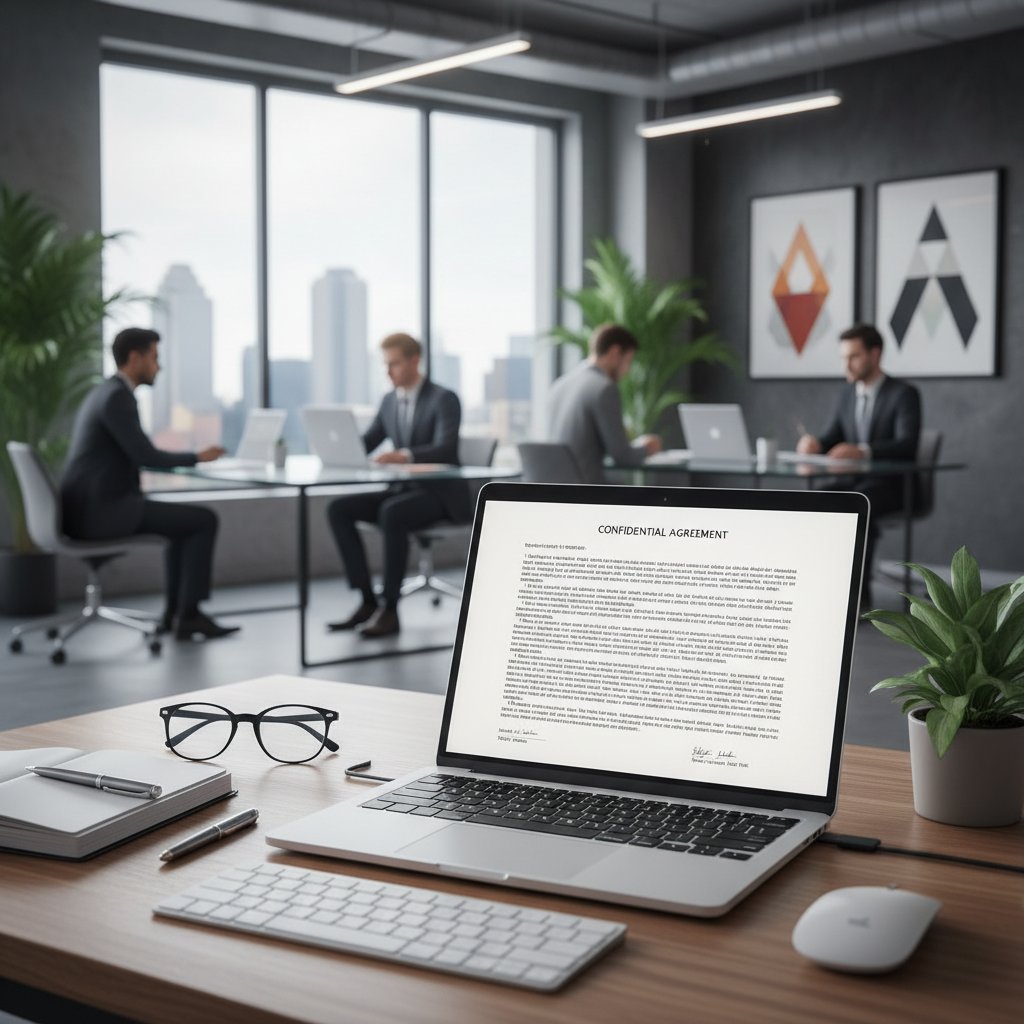 Nowoczesny wirtualny asystent AI generujący regulamin na laptopie w designerskim biurze