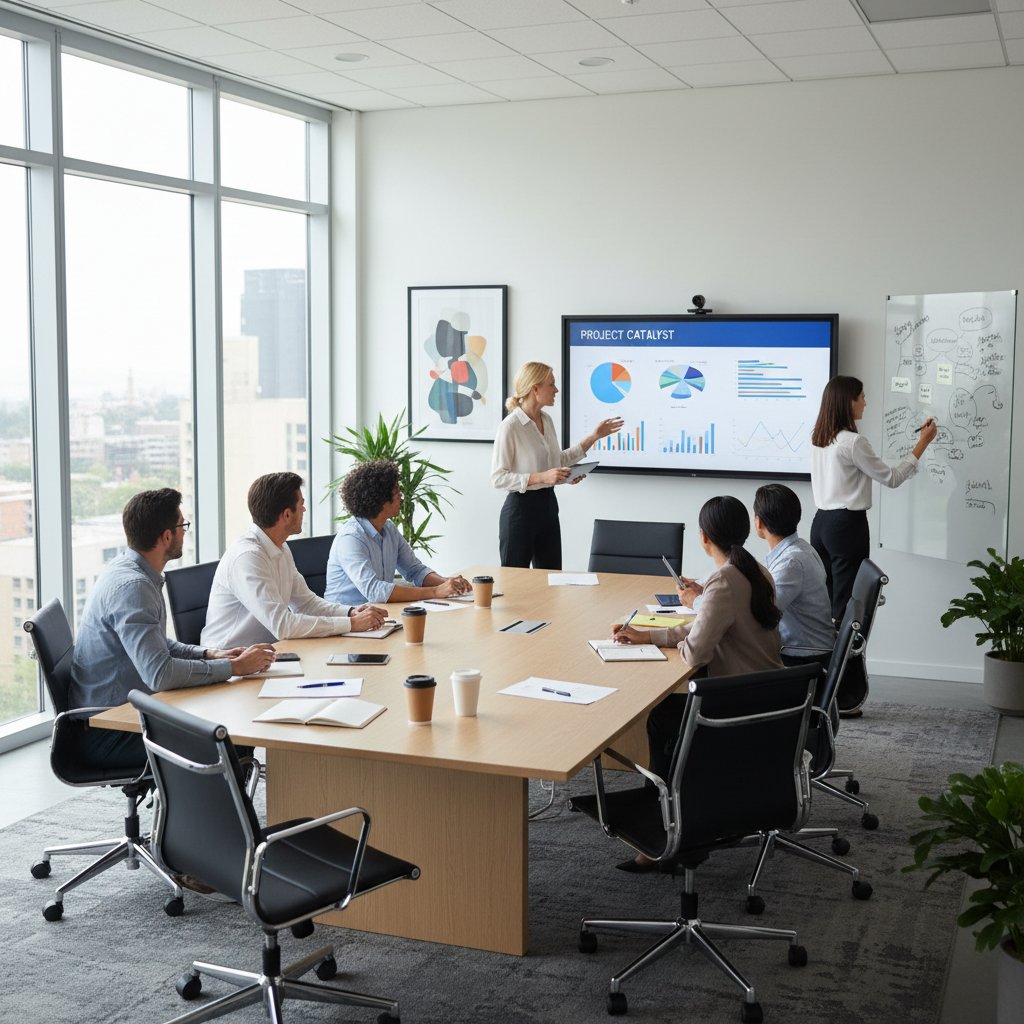Professional, documentary-style photo of a lively meeting with an AI assistant displayed on a screen among people. Alt: Team collaborating with an AI assistant in a modern boardroom.
