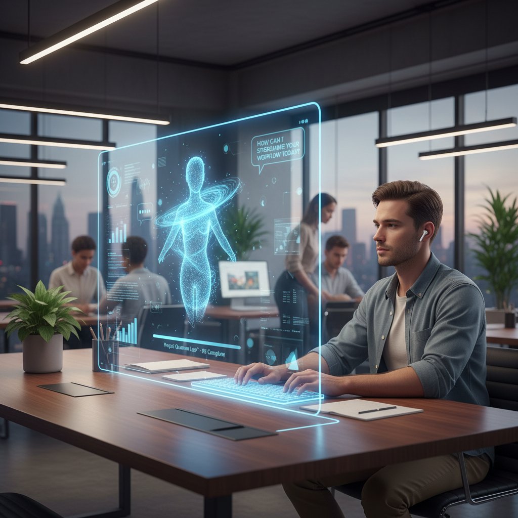 AI assistant collaborating across teams in a modern office, digital coworker integrating support remedy solutions