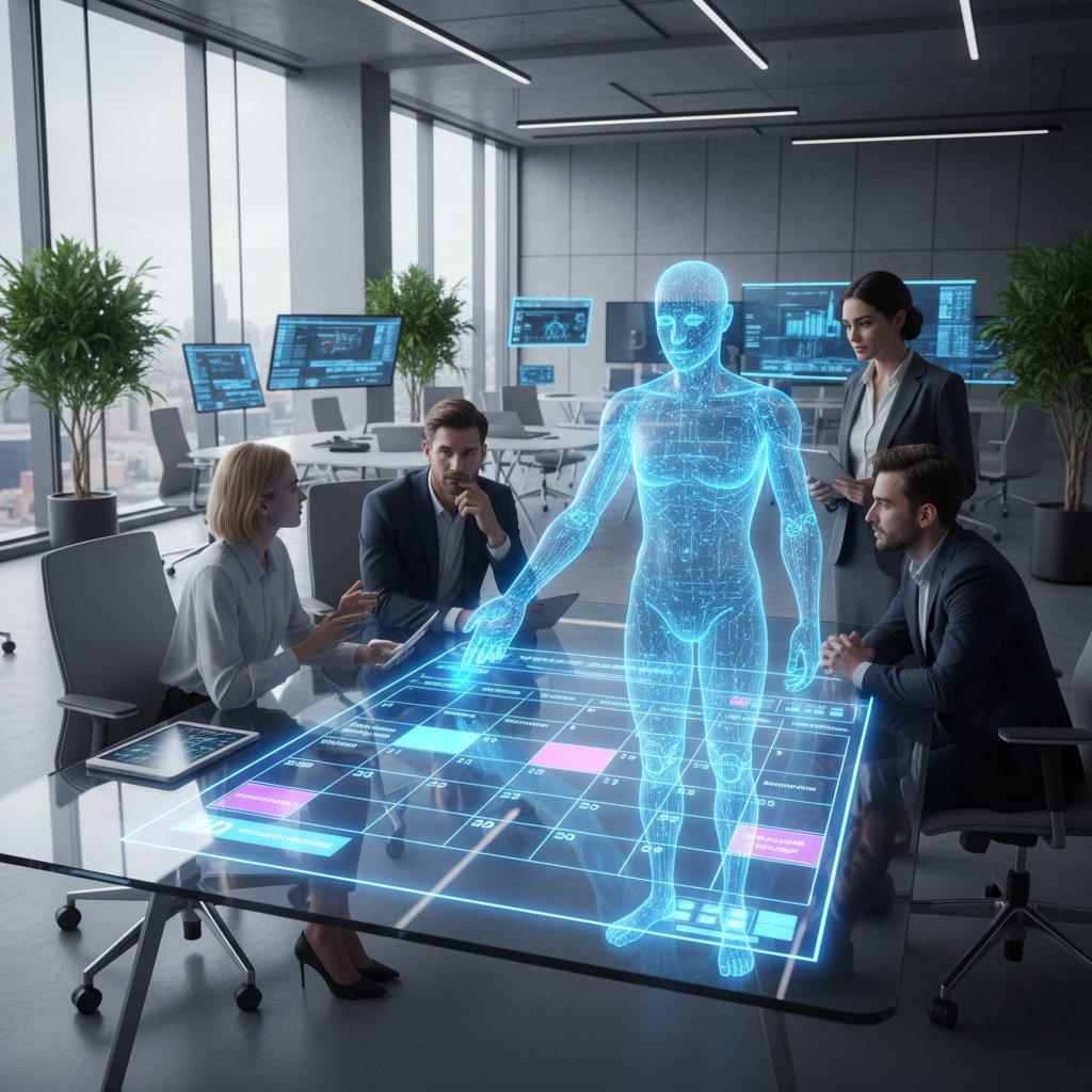 Nowoczesne biuro z widoczną AI asystentką planującą spotkania przy stanowisku pracy