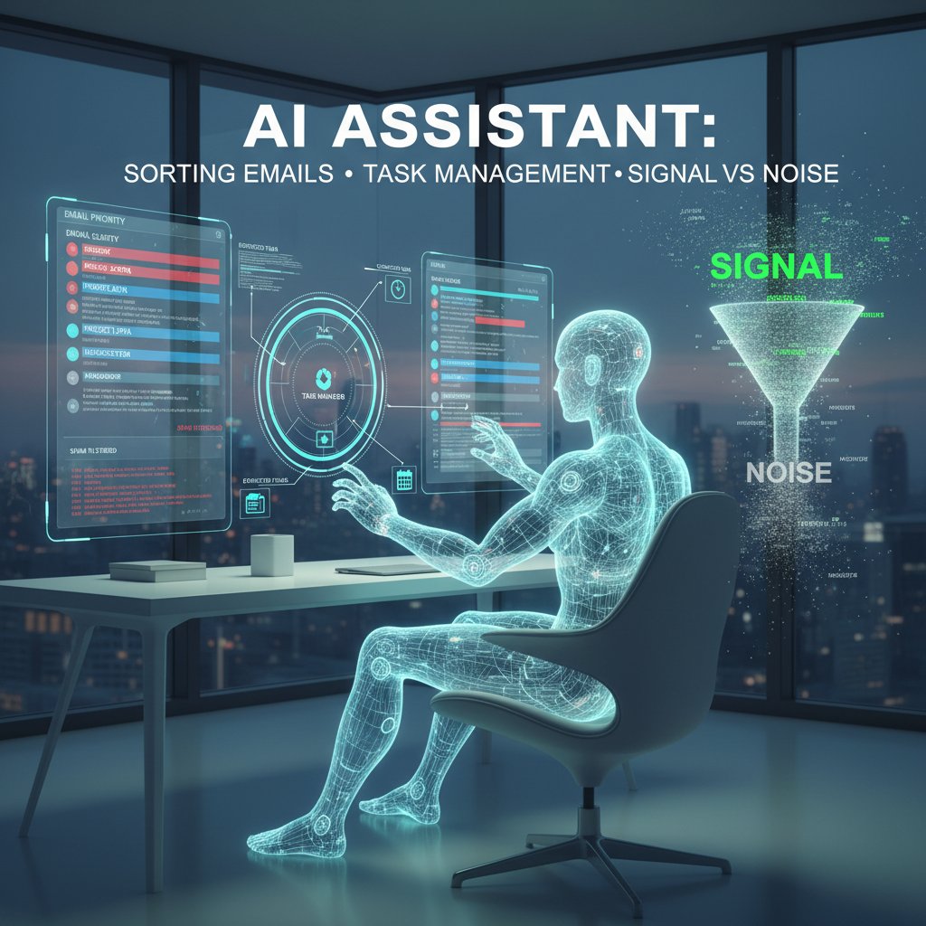 Photo of AI assistant visually sorting emails into tasks, urgent items, and informational messages for email task management system