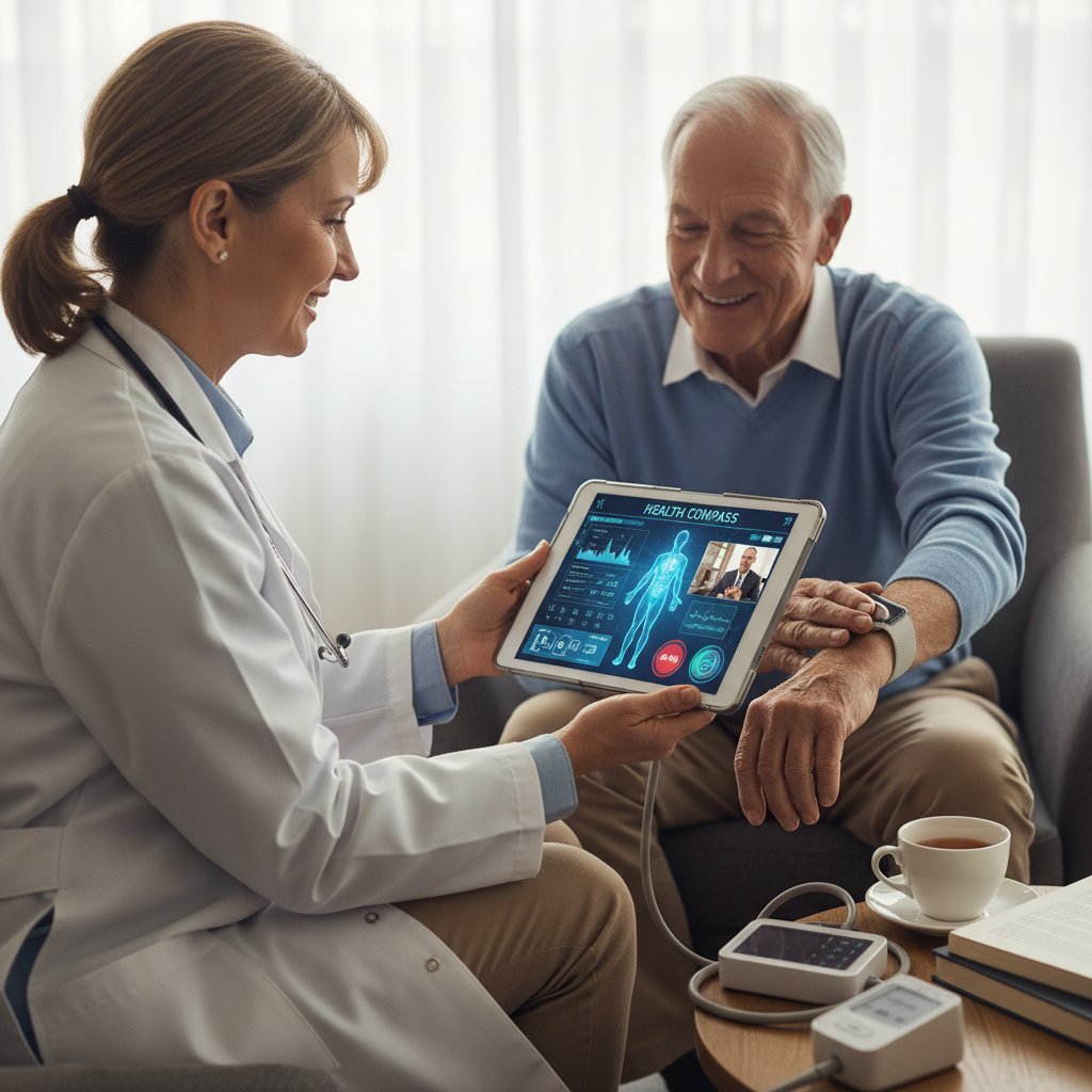 Nowoczesny asystent AI, tablet z aplikacją do monitorowania zdrowia, domowa wizyta lekarska