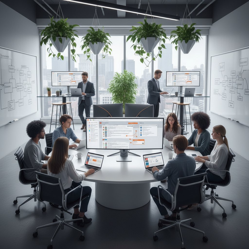 Stylized illustration of an AI assistant seamlessly sorting emails for a diverse team. Professional, narrative, 16:9. Alt: AI organizing emails in a modern office with best email productivity tools.