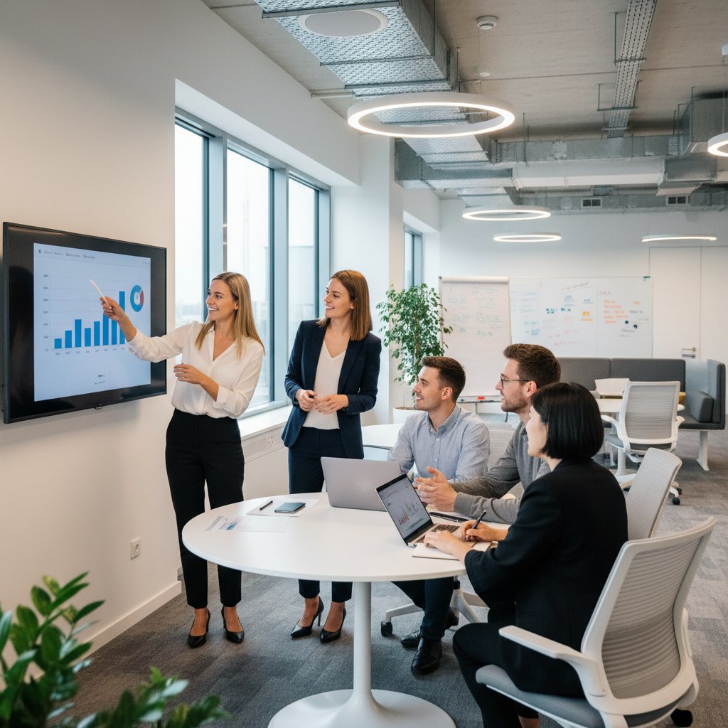 Wirtualny pracownik AI współpracujący z ludźmi w biurze, symbol współpracy człowiek-maszyna