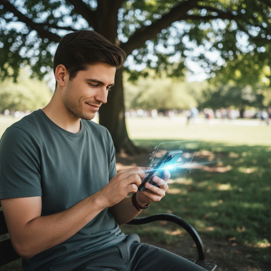 Użytkownik korzystający z czat.ai na smartfonie; AI asystent odpowiada na pytania dotyczące syntezy, dynamiczna scena