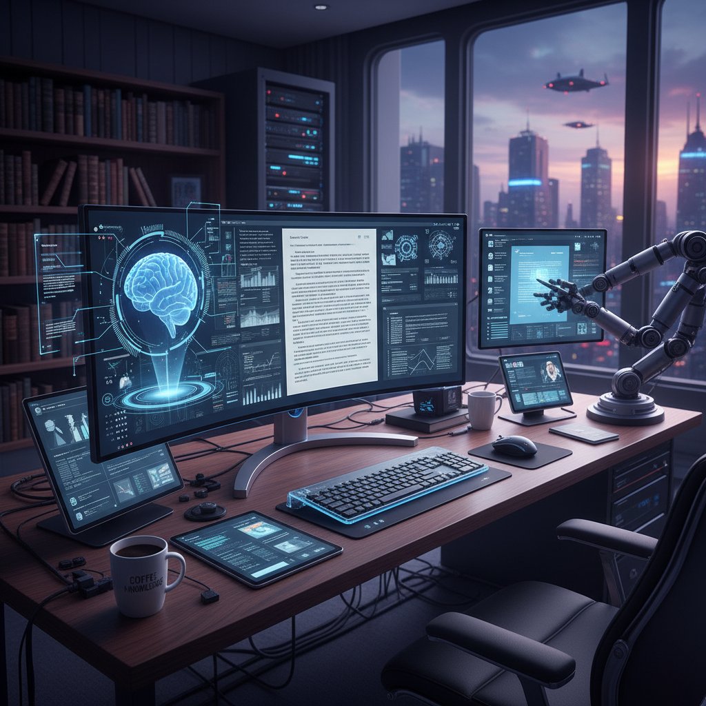 Futuristic workspace with an AI assistant interface analyzing an academic document; Alt text: AI-powered technology reviewing scholarly writing for rigor