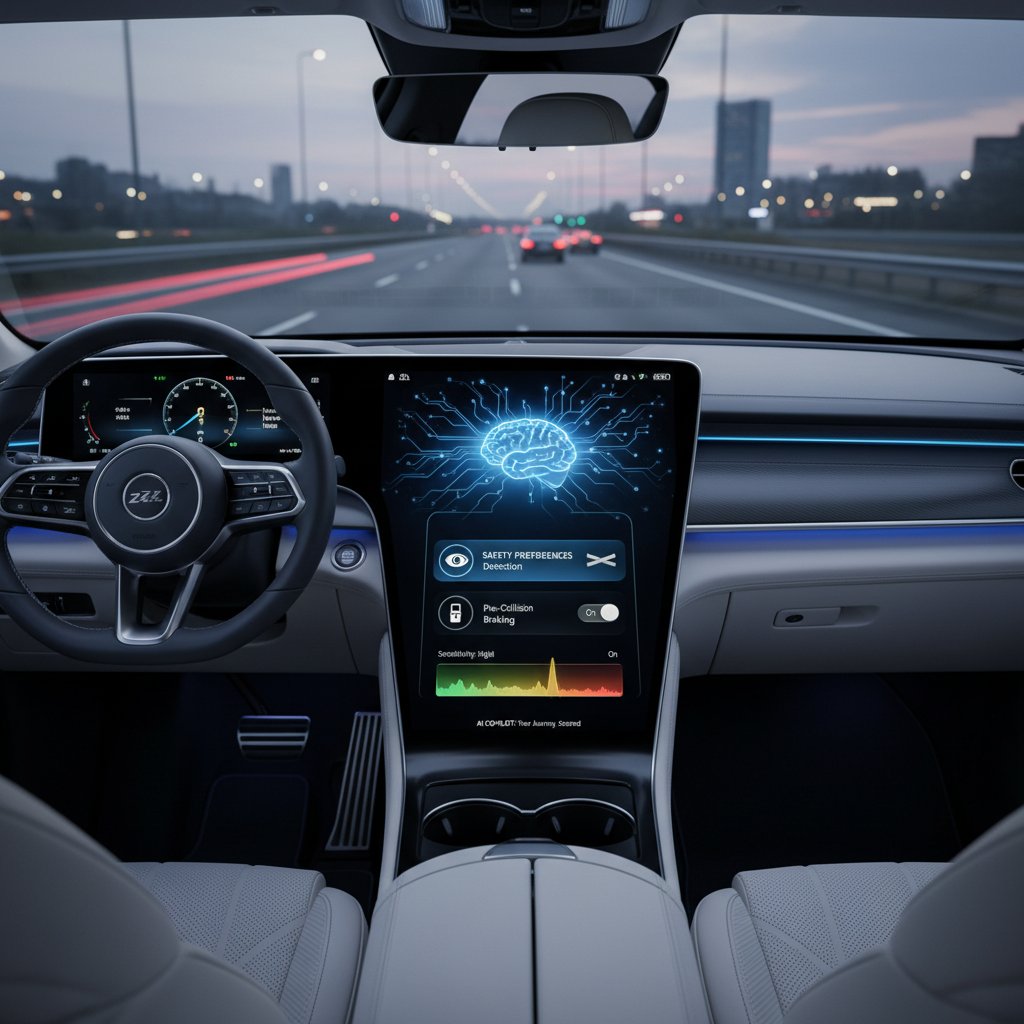 AI assistant interface suggesting cars based on safety preferences and drowsiness detection features