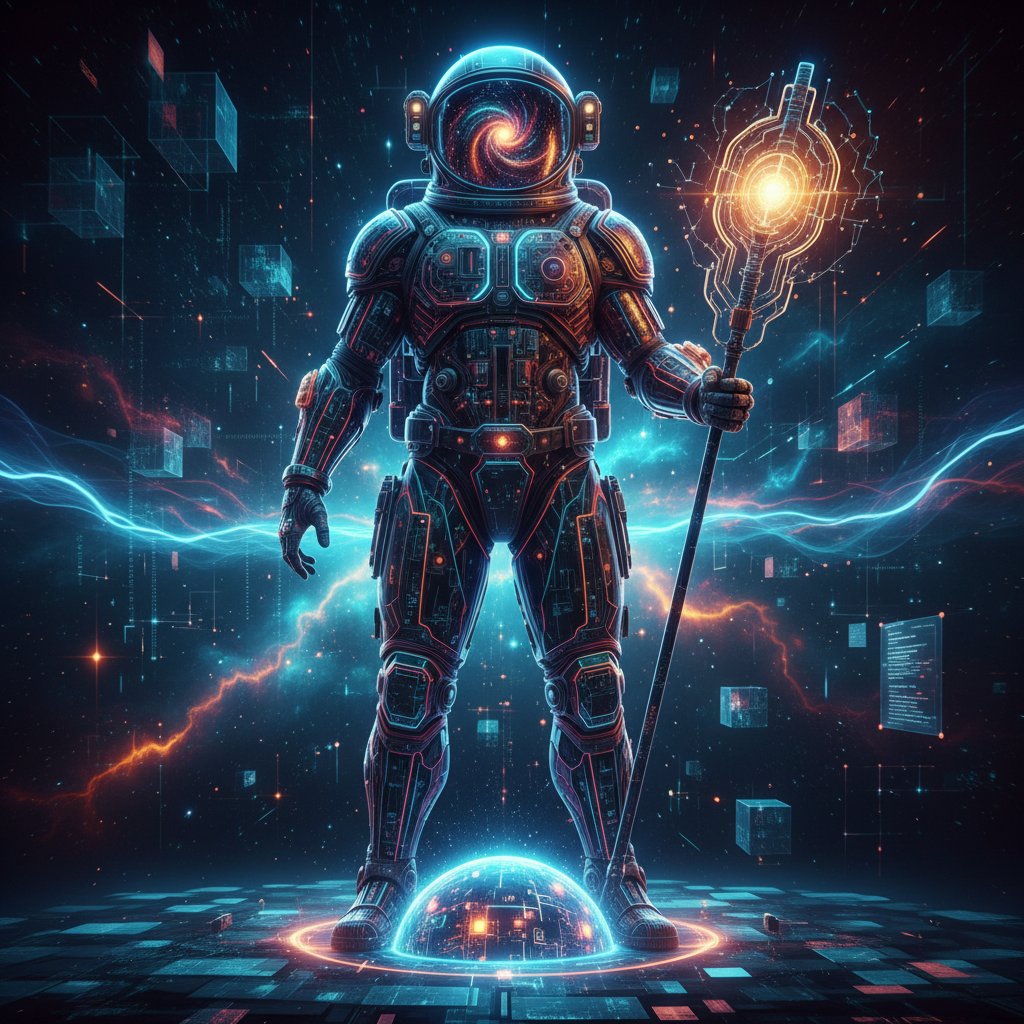 Futuristic astronaut partially rendered by AI, digital cosmos background
