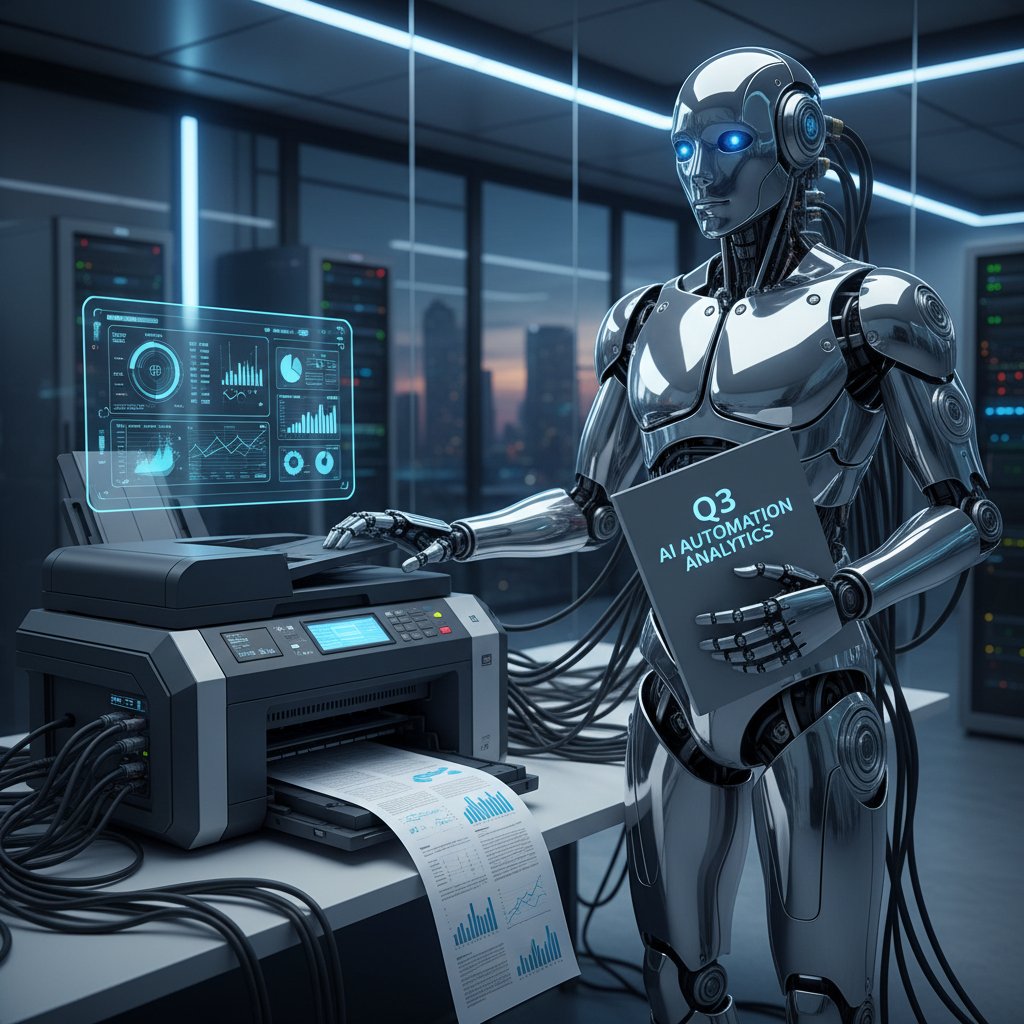 Futuristic robot tangled in printer cables, symbolizing the messy reality of automation in report creation