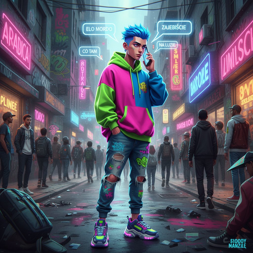 Awatar AI rozmawiający przez telefon z użyciem polskiego slangu, styl uliczny, żywe kolory, konwersacja pełna humoru, słowa kluczowe: kumpel online, AI, slang
