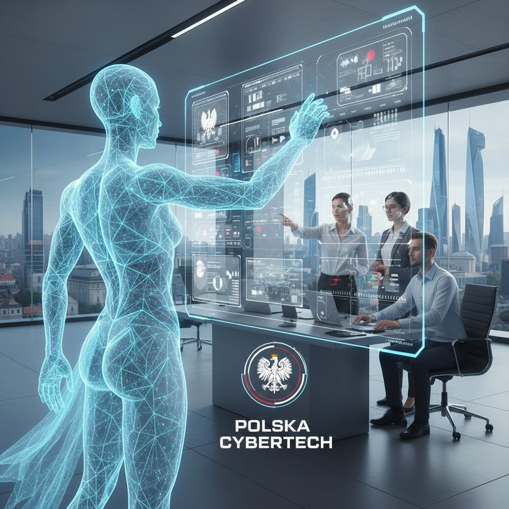 Wirtualny pracownik AI współpracuje z zespołem w polskiej firmie, innowacyjne rozwiązania dla efektywności pracy