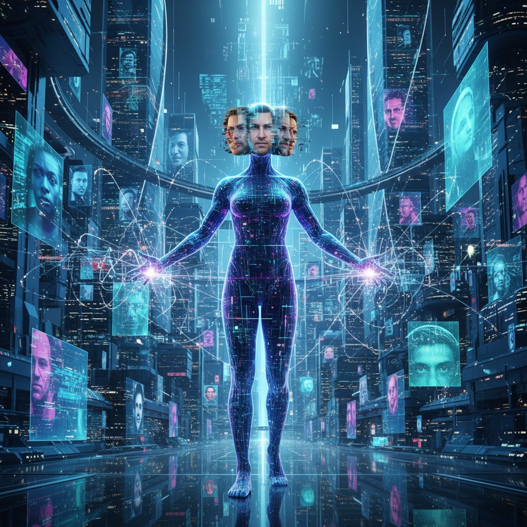 Nowoczesny awatar AI na tle cyfrowego miasta, motyw deepfake, refleksyjne światło